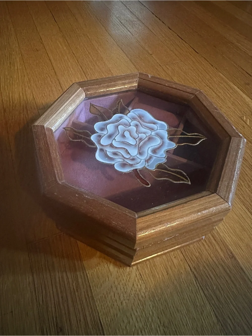 Vintage Rosalco Jewelry Box The Commodore Collection Wooden Floral Glass
